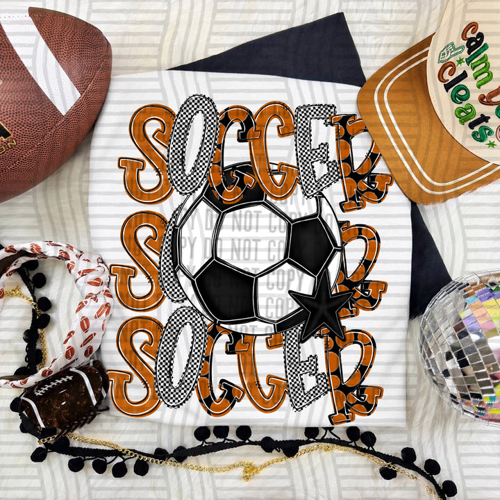 Burnt Orange Tri Stacked Soccer DTF transfer on a white tee