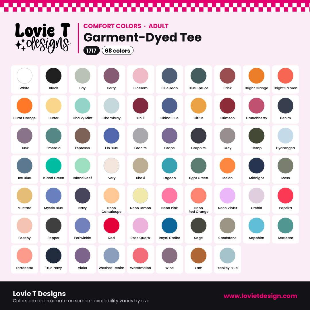 Comfort Colors 1717 adult tee color chart – 68 colors