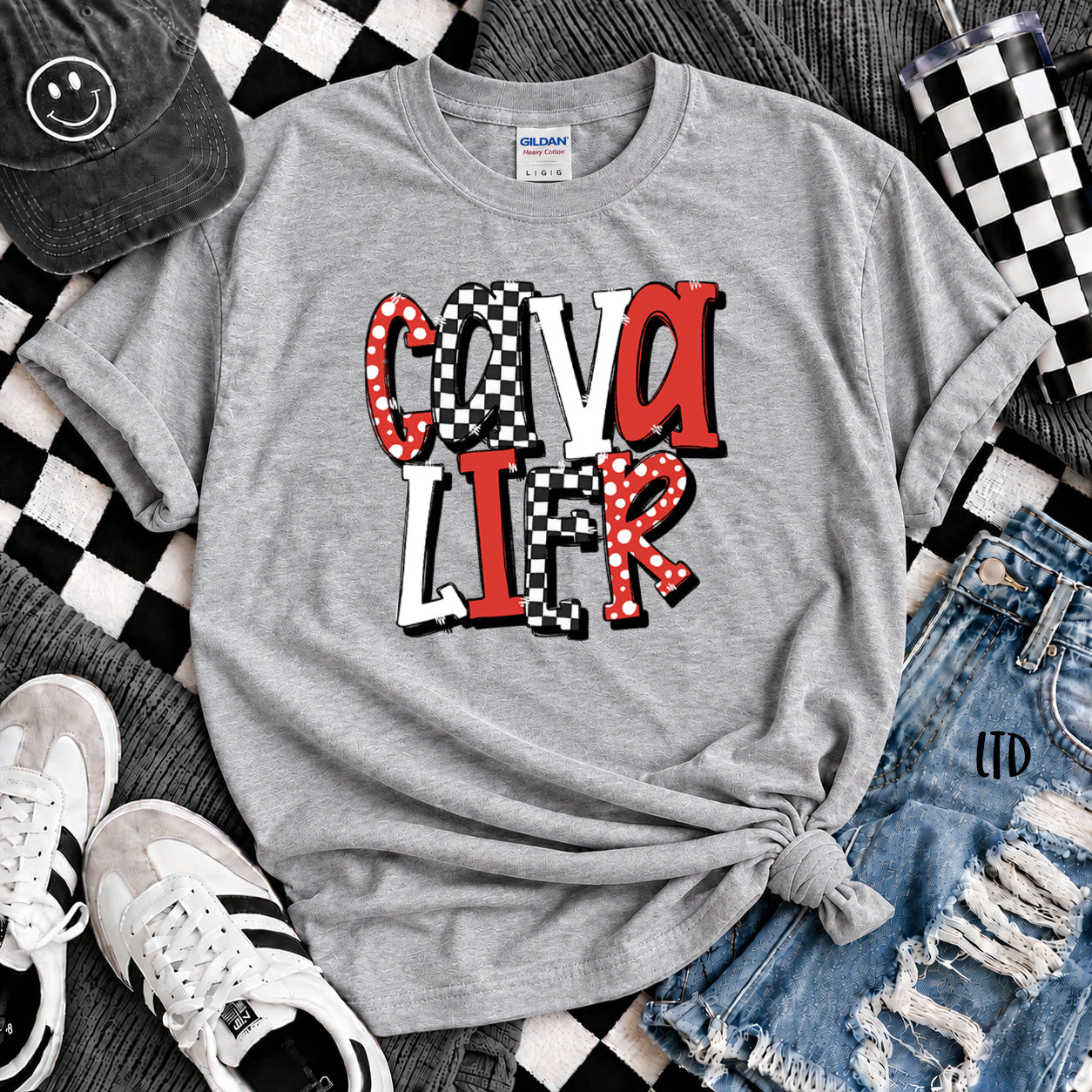 Dot Dot Check Mix Mascots Cavalier Red Black White design