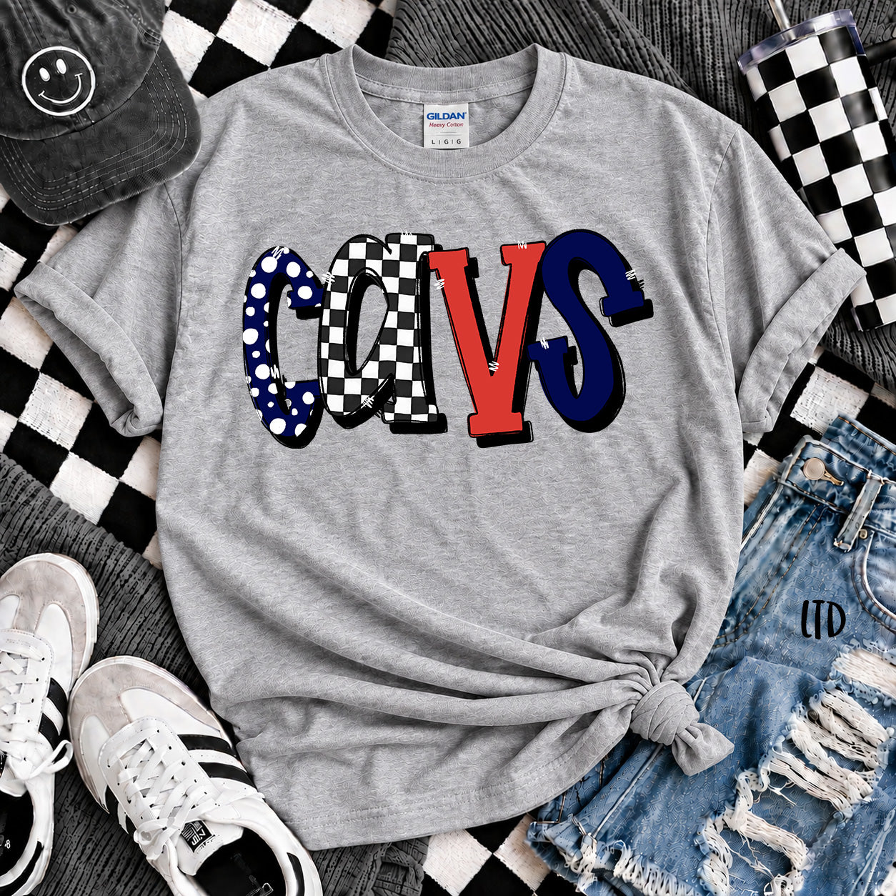 Dot Dot Check Mix Mascots Cavs Navy Red White design