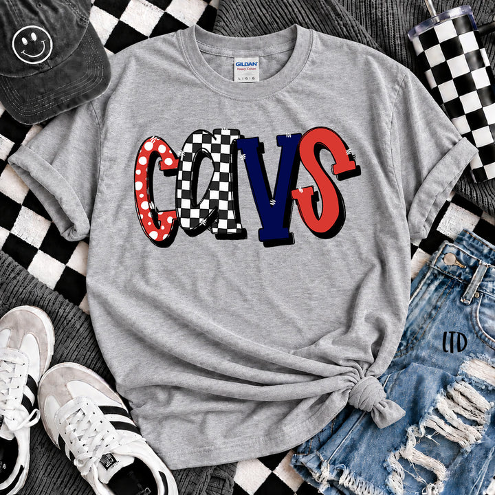 Cavs Red Navy Dot Dot Check Mix Mascots DTF transfer mockup