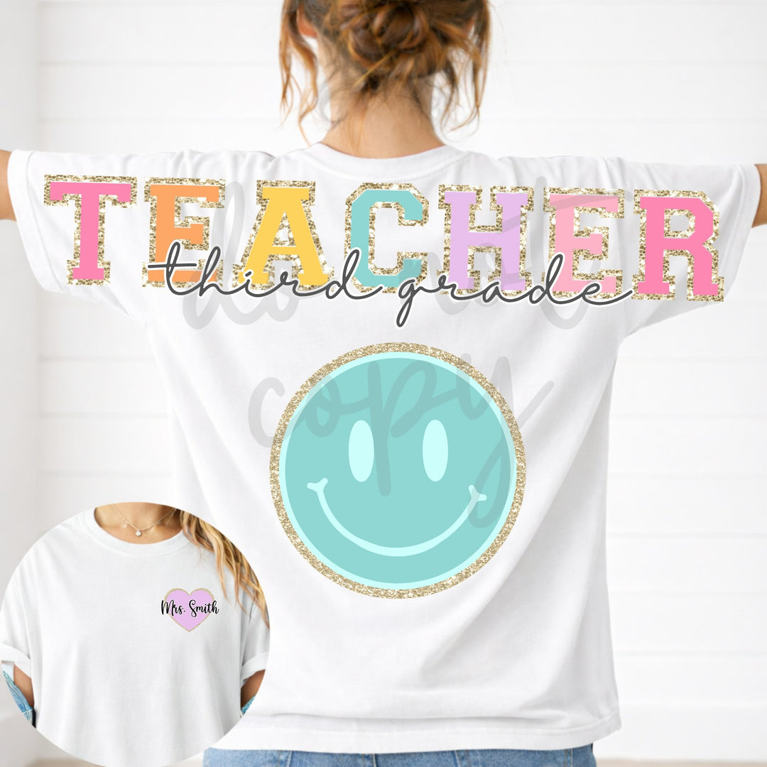 Teacher Pastel Glitter Long Big Back customizable DTF transfer