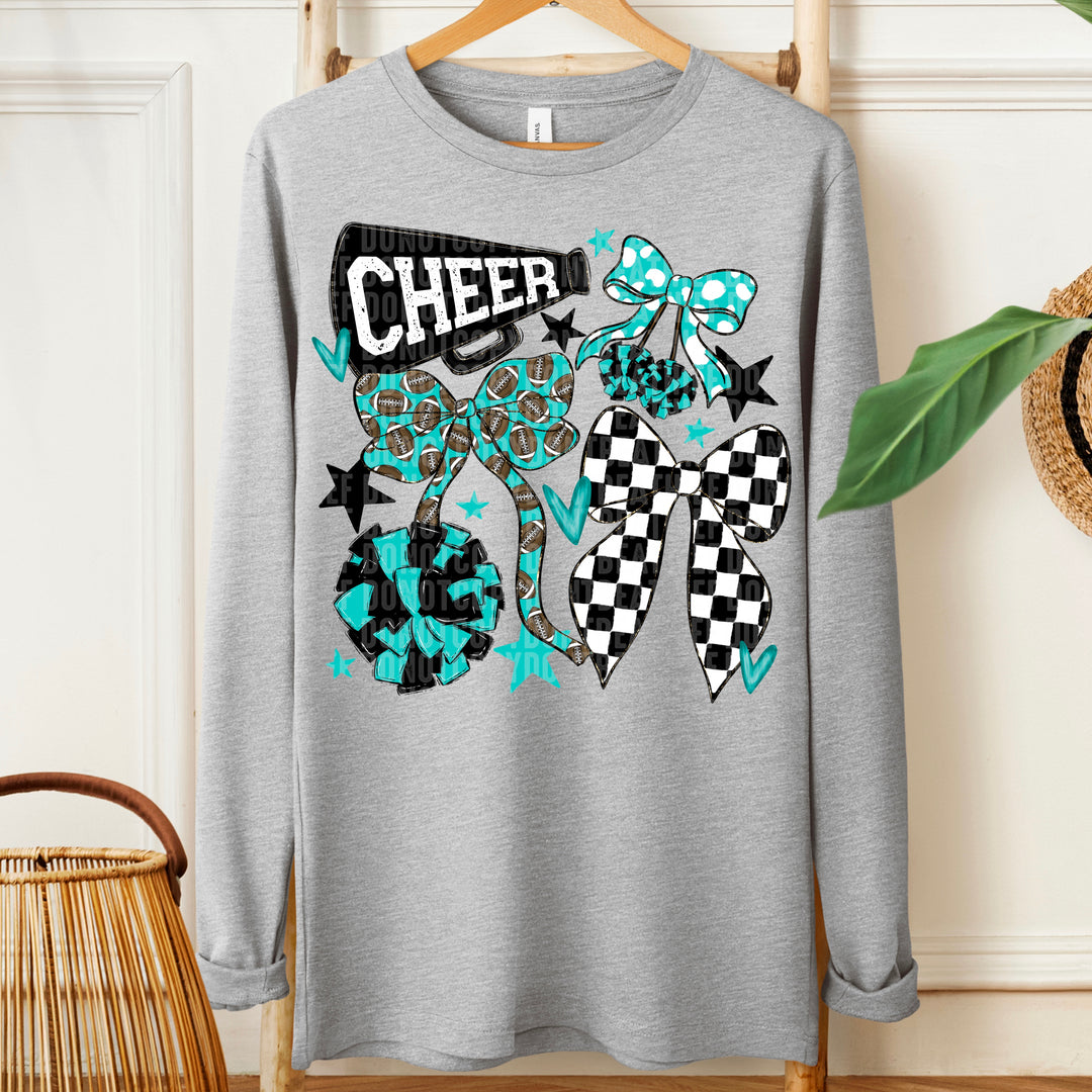 CHEER FOOTBALL BOWS TEAL BLACK