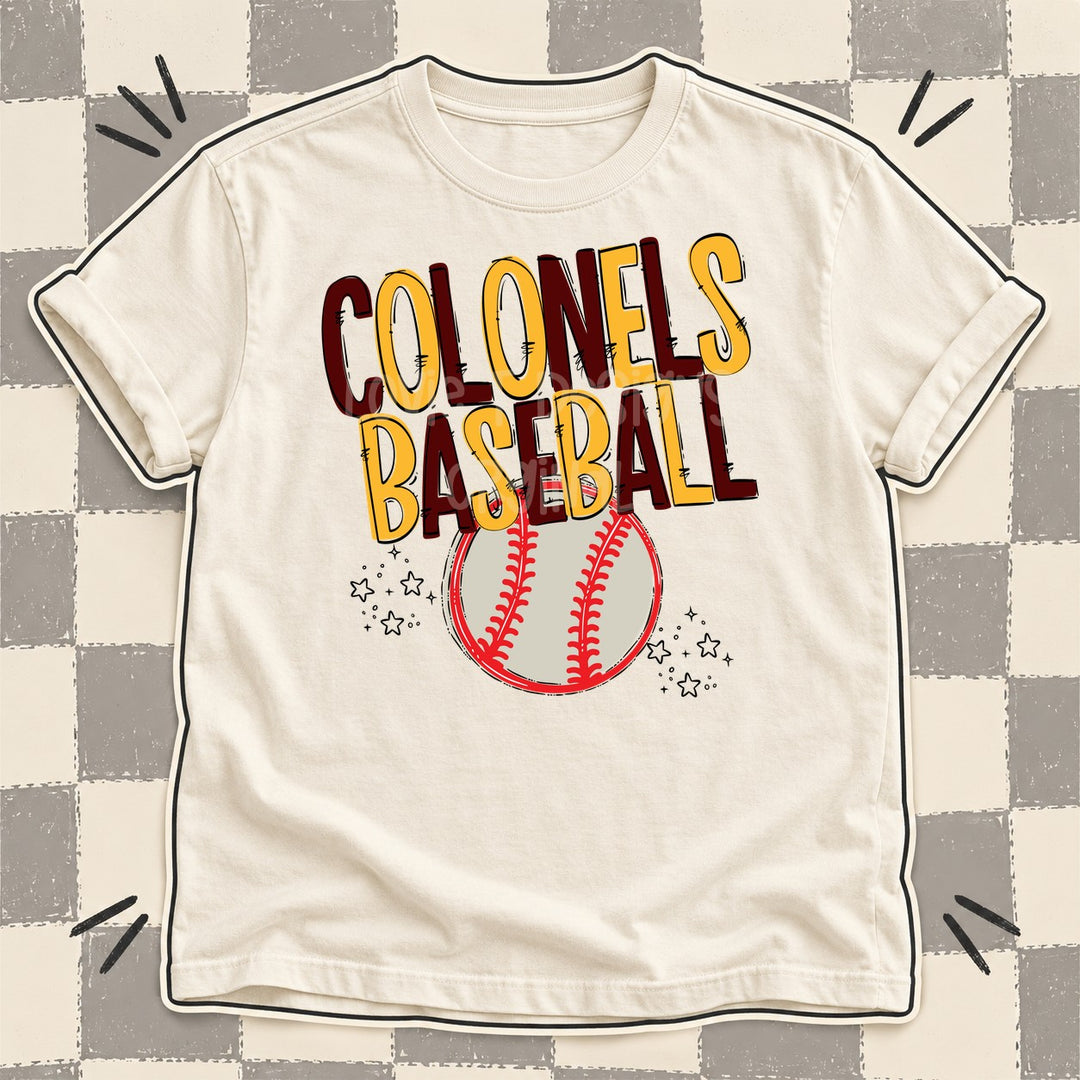 Colonels Maroon Yellow Gold Team Go Baseball Mascots DTF transfer mockup
