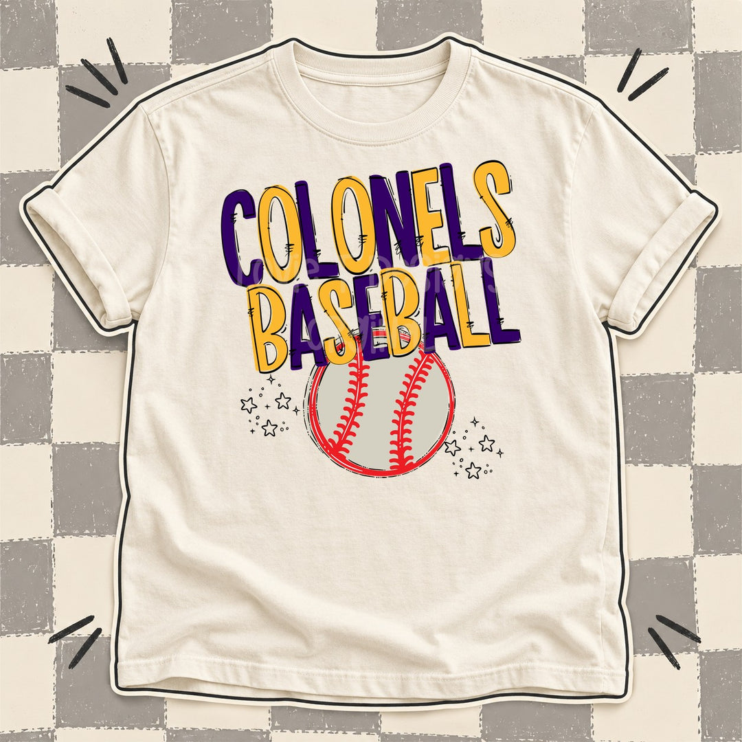 Colonels Purple Yellow Gold Team Go Baseball Mascots DTF transfer mockup