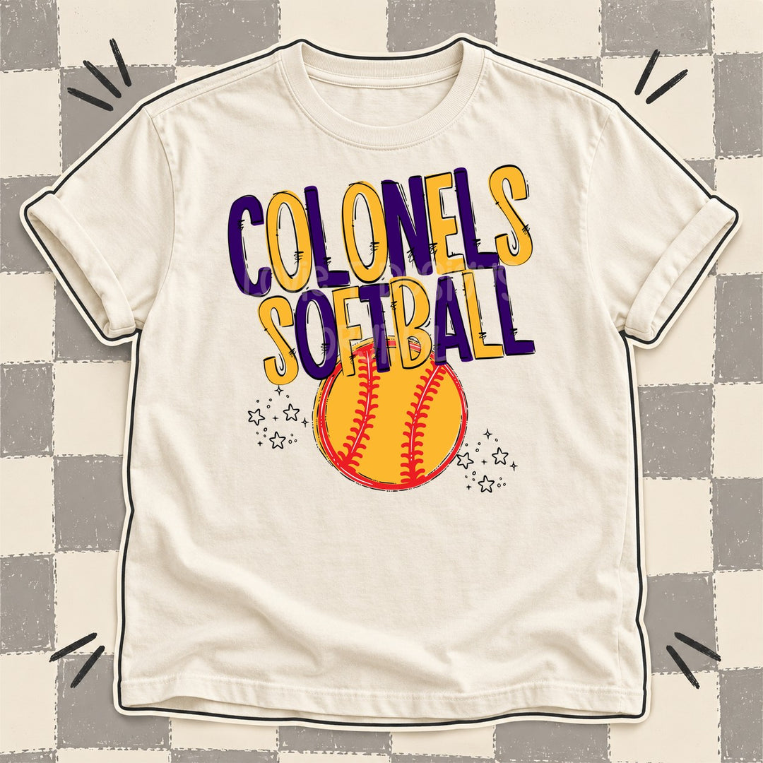 Colonels Purple Yellow Gold Team Go Softball Mascots DTF transfer mockup