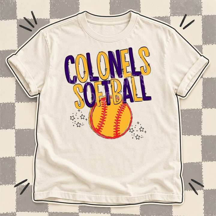 Colonels Purple Yellow Gold Team Go Softball Mascots DTF transfer mockup