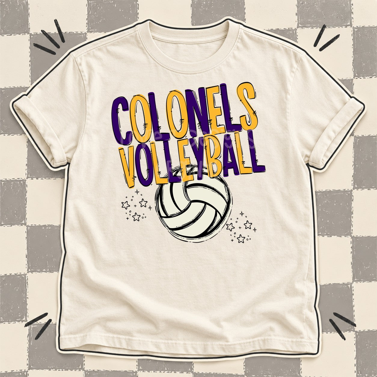 Team Go Volleyball Mascots Colonels Purple Yellow Gold design