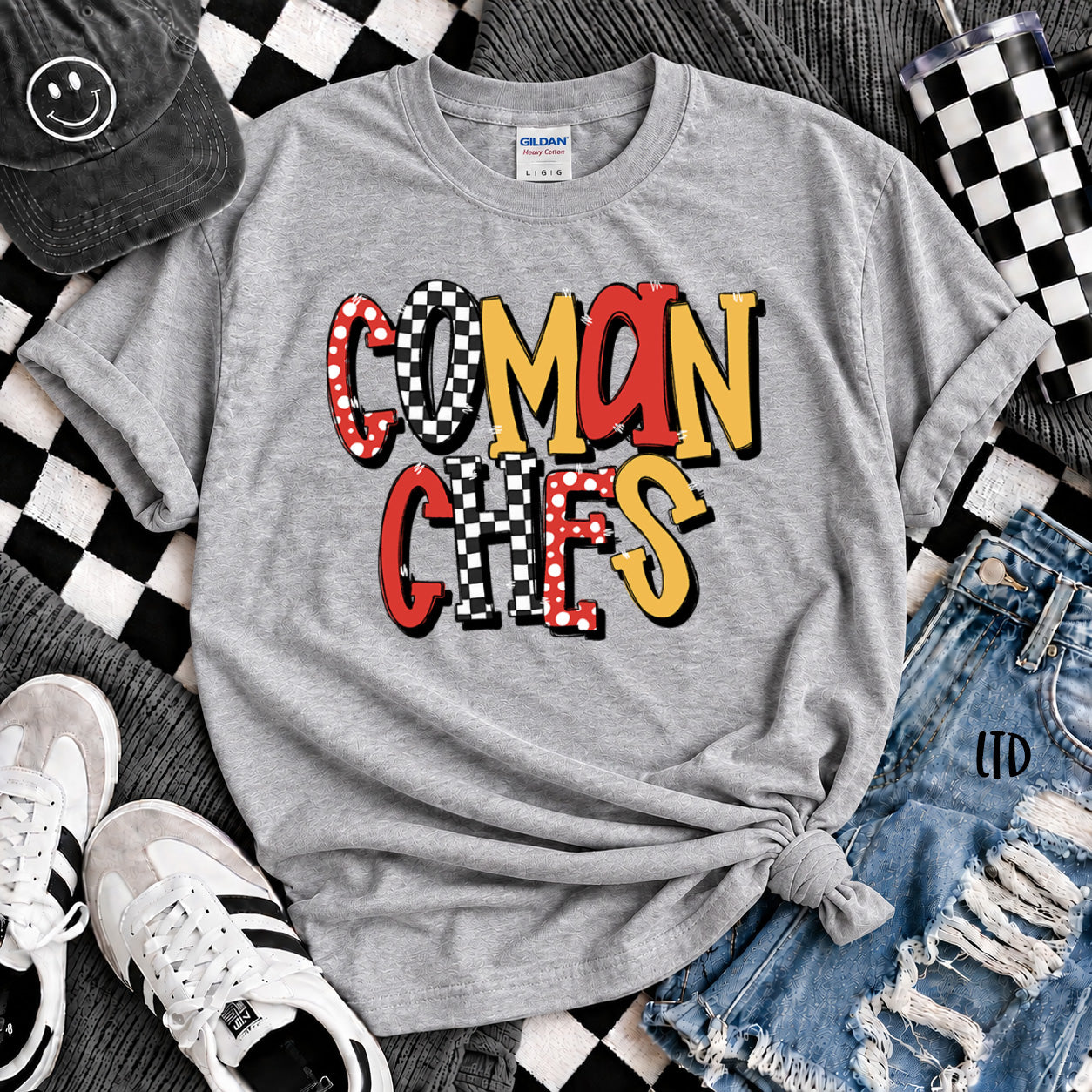 Dot Dot Check Mix Mascots Comanches Red Yellow Gold design