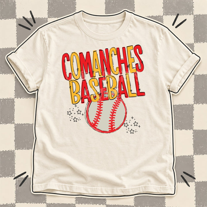 Comanches Red Yellow Gold Team Go Baseball Mascots DTF transfer mockup