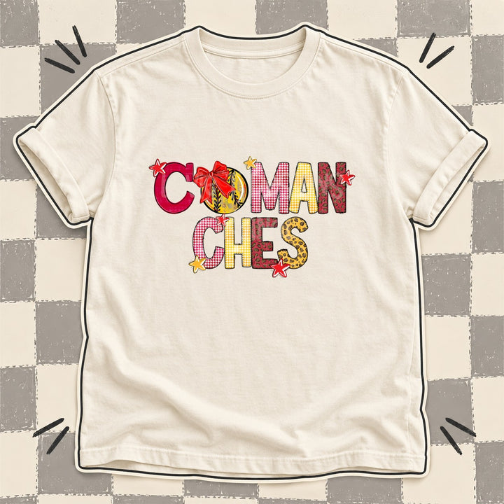 Comanches Red Yellow Gold Mixed Doodle Softball Mascots – Mascot Colors DTF transfer mockup