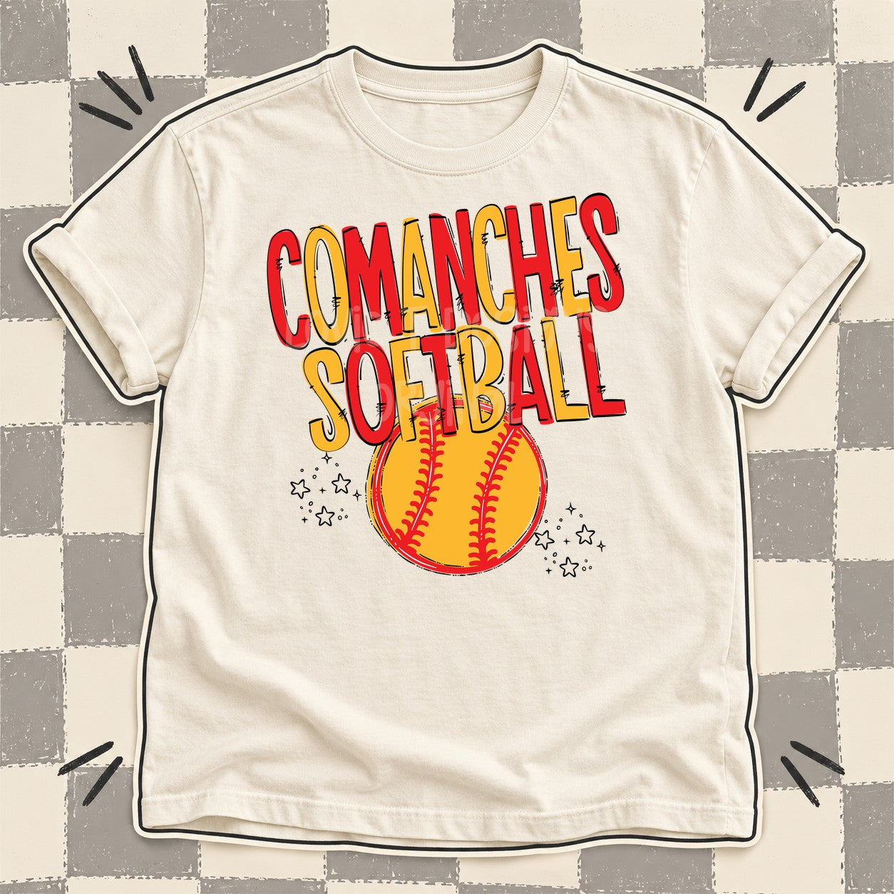 Team Go Softball Mascots Comanches Red Yellow Gold design