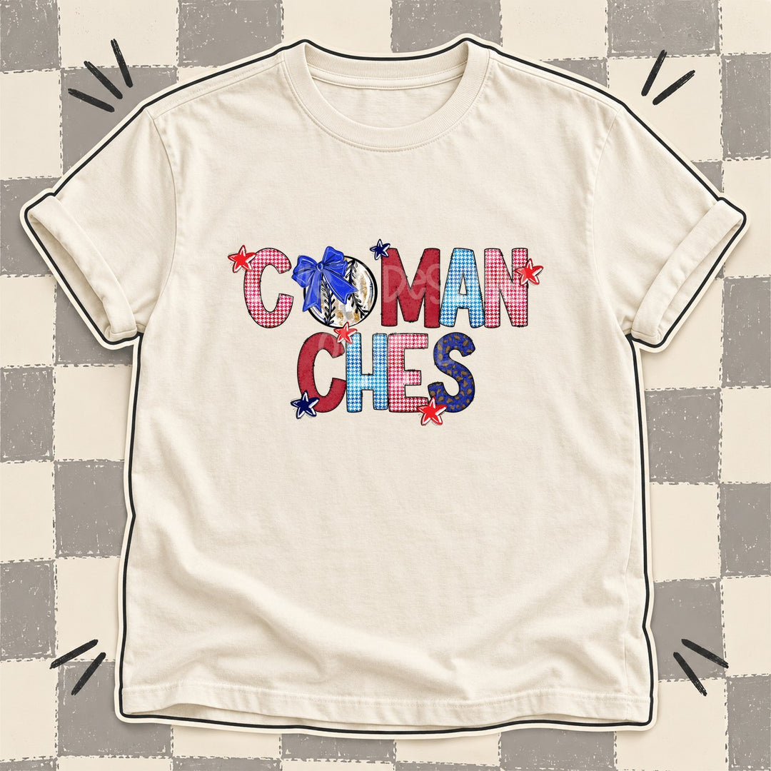 Comanches Mixed Doodle Baseball Mascots – Red and Royal DTF transfer mockup