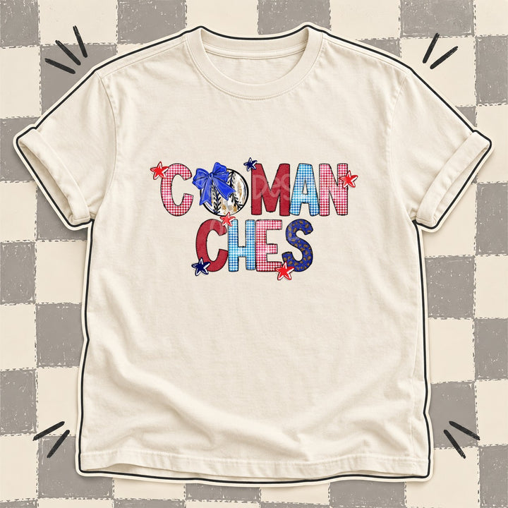 Comanches Mixed Doodle Baseball Mascots – Red and Royal DTF transfer mockup