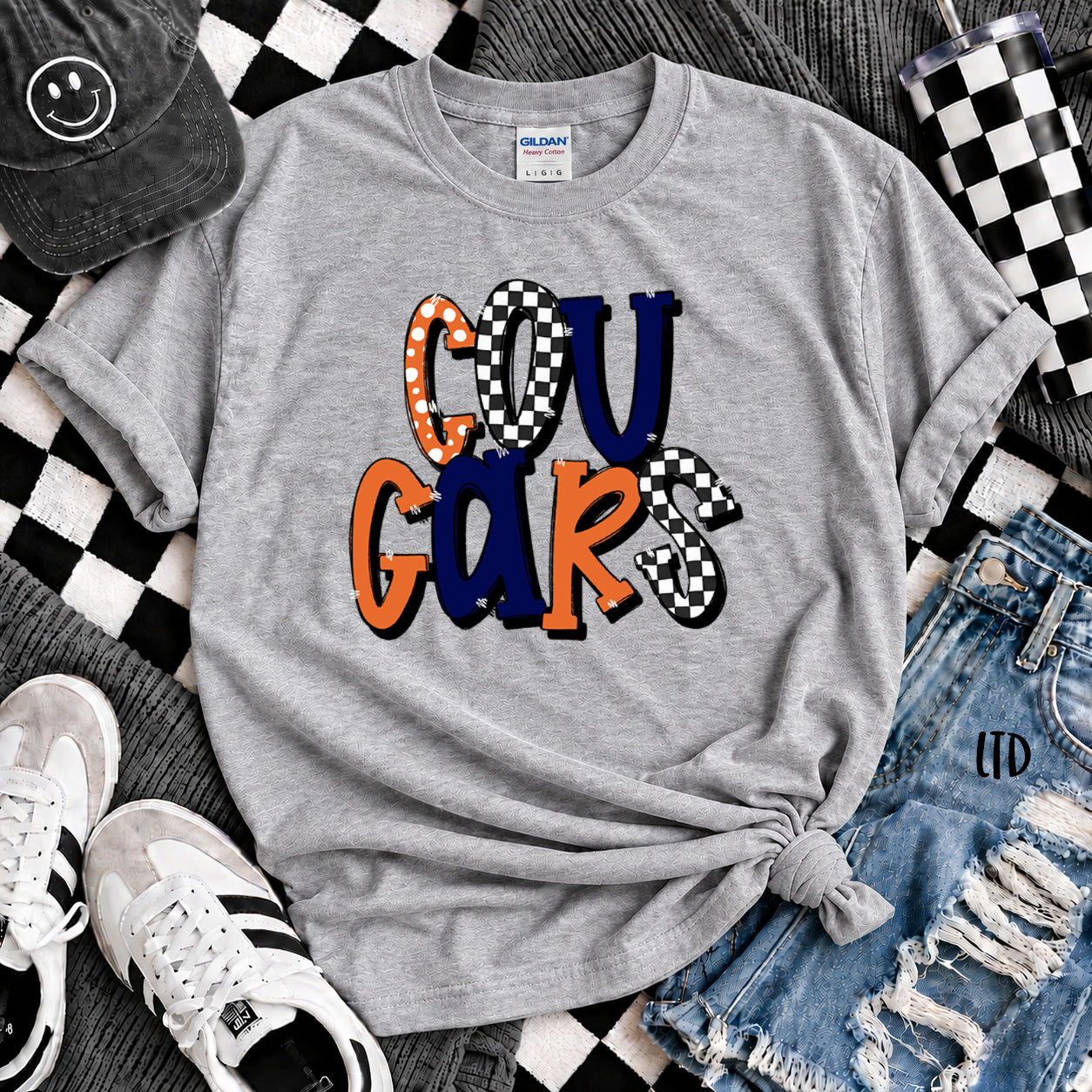 Dot Dot Check Mix Mascots Cougars Orange Navy White design
