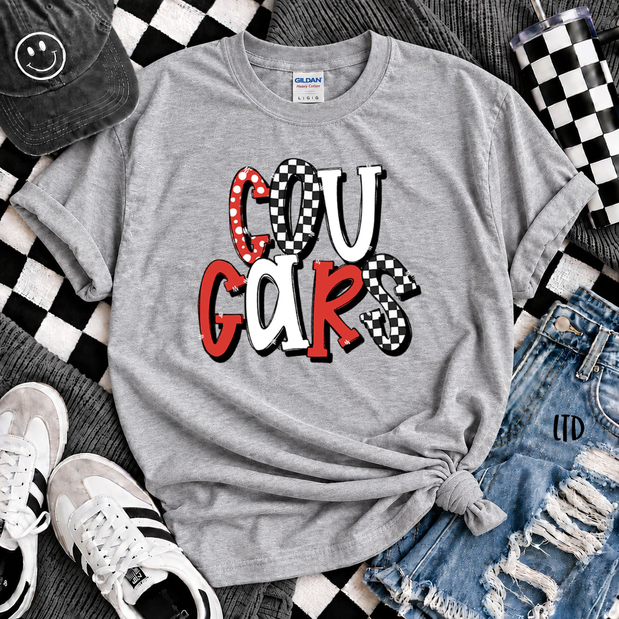 Dot Dot Check Mix Mascots Cougars Red White design
