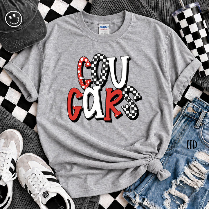 Cougars Red White Dot Dot Check Mix Mascots DTF transfer mockup