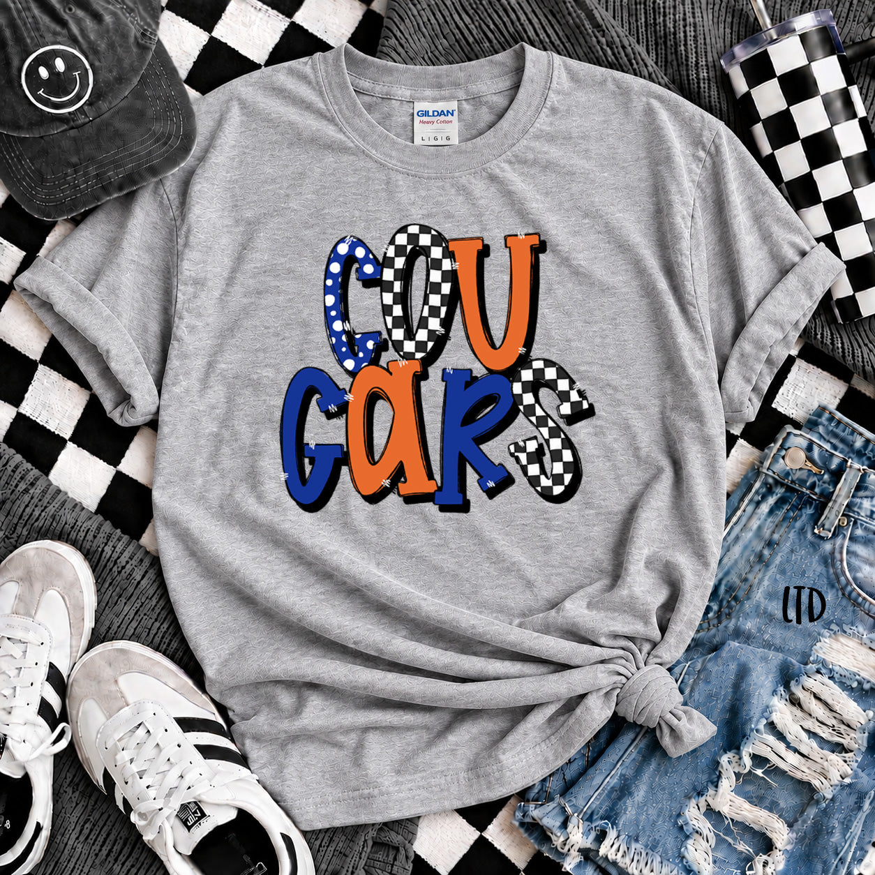 Dot Dot Check Mix Mascots Cougars Royal Blue Orange White design