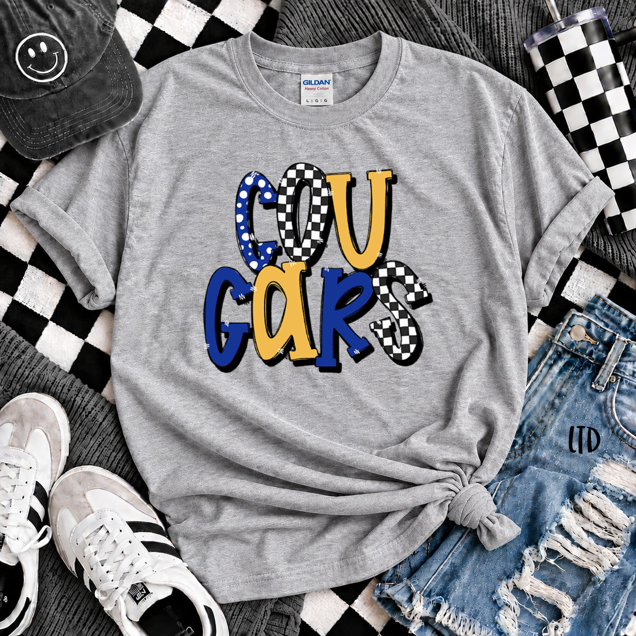 Dot Dot Check Mix Mascots Cougars Royal Blue Yellow Gold design