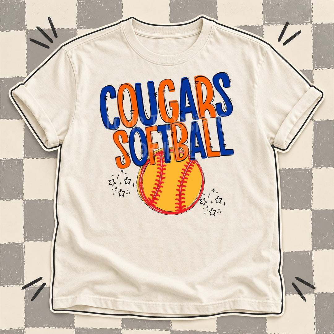 Cougars Royal Blue Orange Team Go Softball Mascots DTF transfer mockup