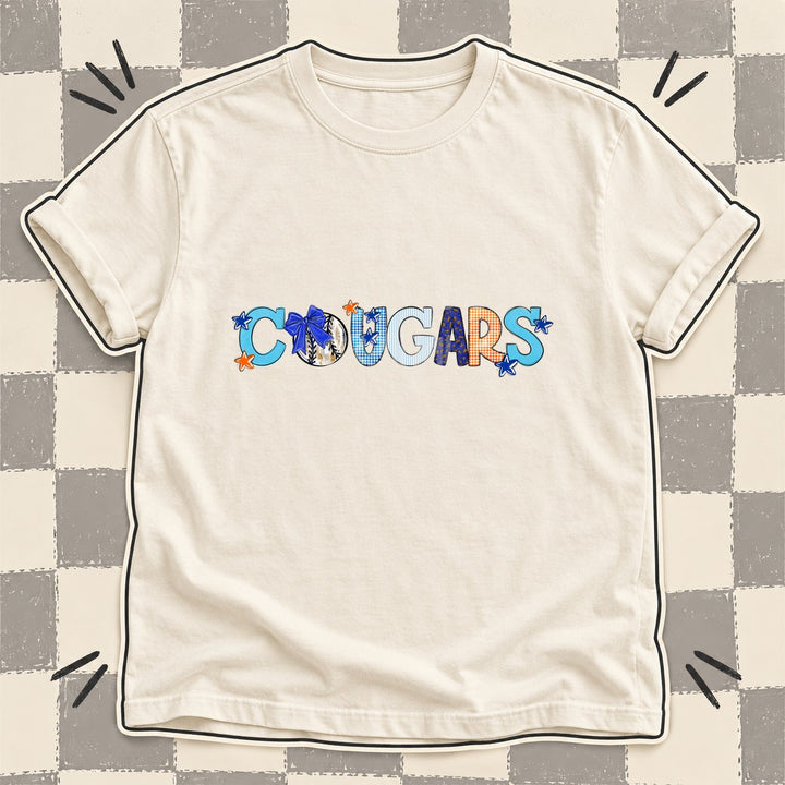 Cougars Royal Blue Orange White Mixed Doodle Baseball Mascots – Mascot Colors DTF transfer mockup