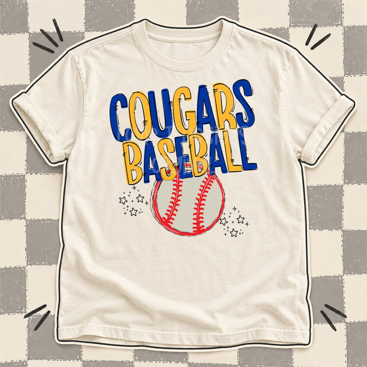 Cougars Royal Blue Yellow Gold Team Go Baseball Mascots DTF transfer mockup