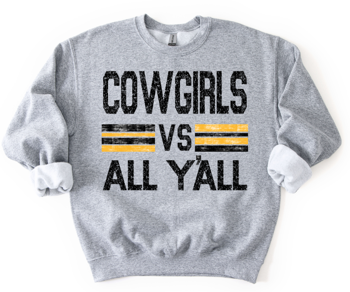 Cowgirls Vs All Y'all Black and Yellow Gold DTF transfer design – image 1
