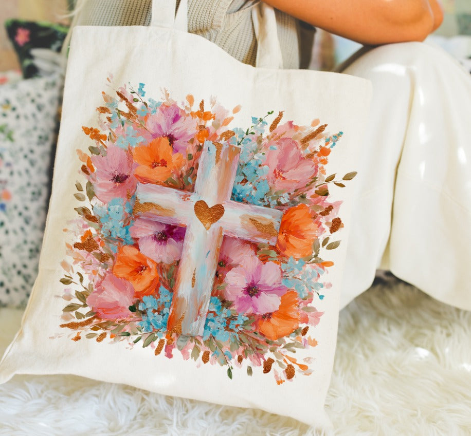 Cross with Fall Flowers Soft Edges DTF transfer design – image 1