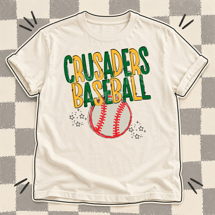Crusaders Kelly Green Yellow Gold Team Go Baseball Mascots DTF transfer mockup
