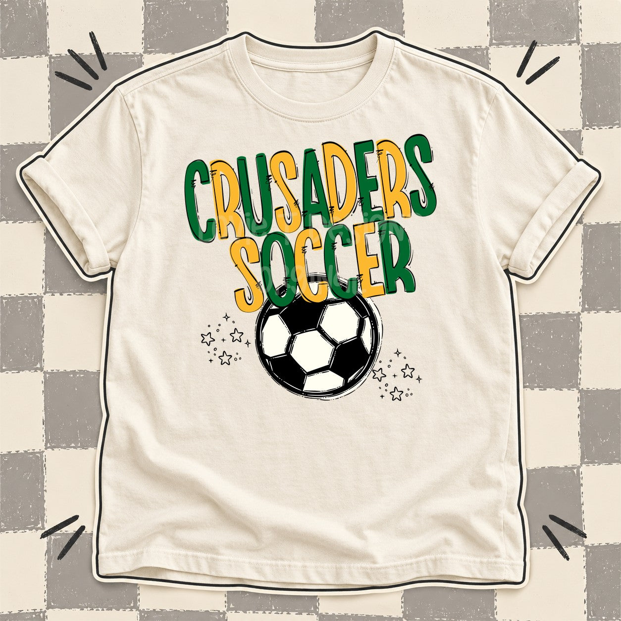 Team Go Soccer Mascots Crusaders Kelly Green Yellow Gold design