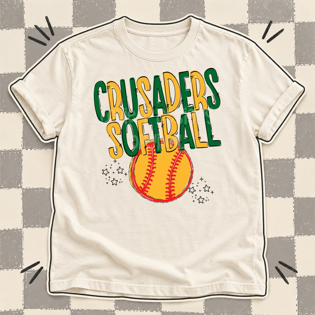 Crusaders Kelly Green Yellow Gold Team Go Softball Mascots DTF transfer mockup