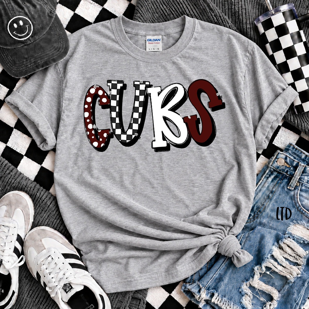 Dot Dot Check Mix Mascots Cubs Maroon White design