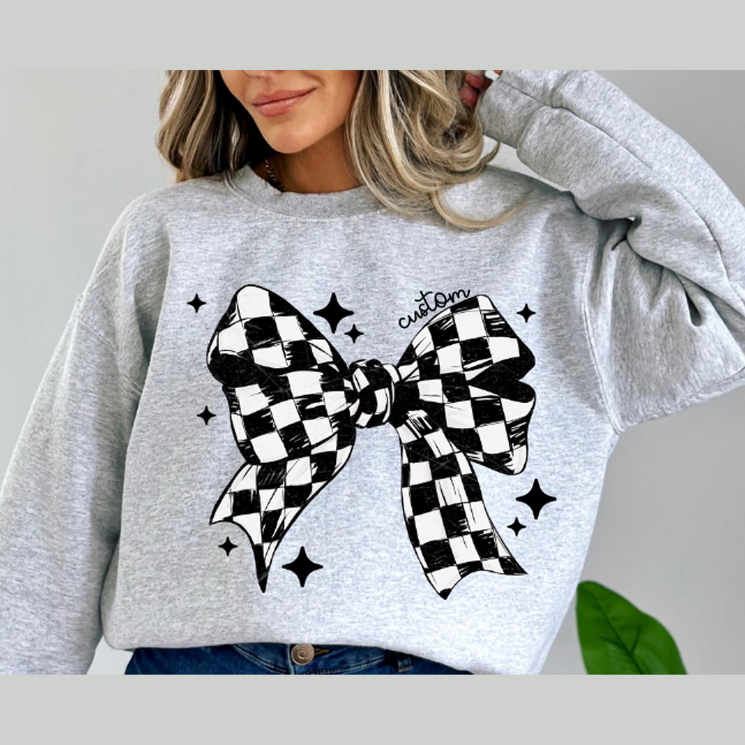 Custom Black and White Checker Bow with Stars – DTF Transfer – product image