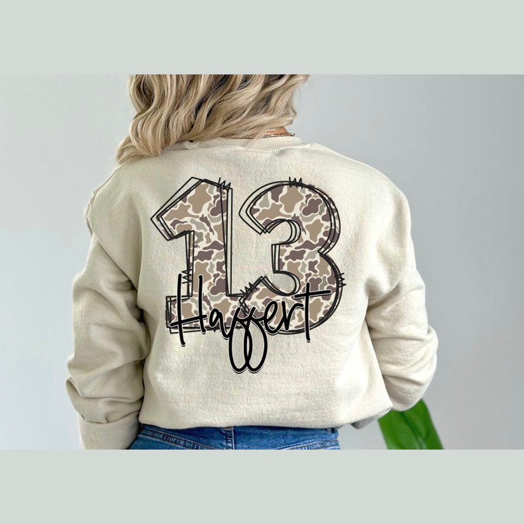 Camo Doodle Number + Name – DTF Transfer – product image