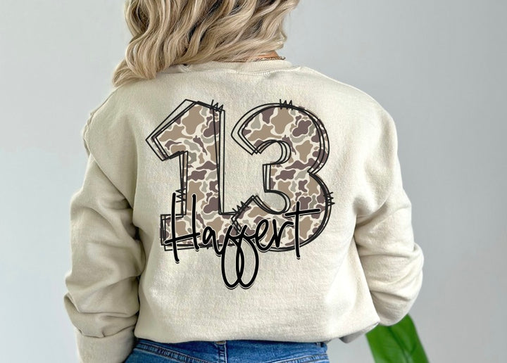 Camo Doodle Number + Name DTF transfer design
