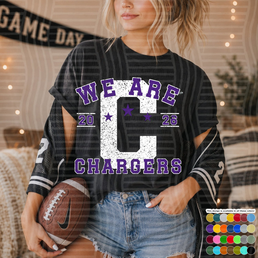 Chargers Purple Varsity Initials White Outline DTF transfer mockup