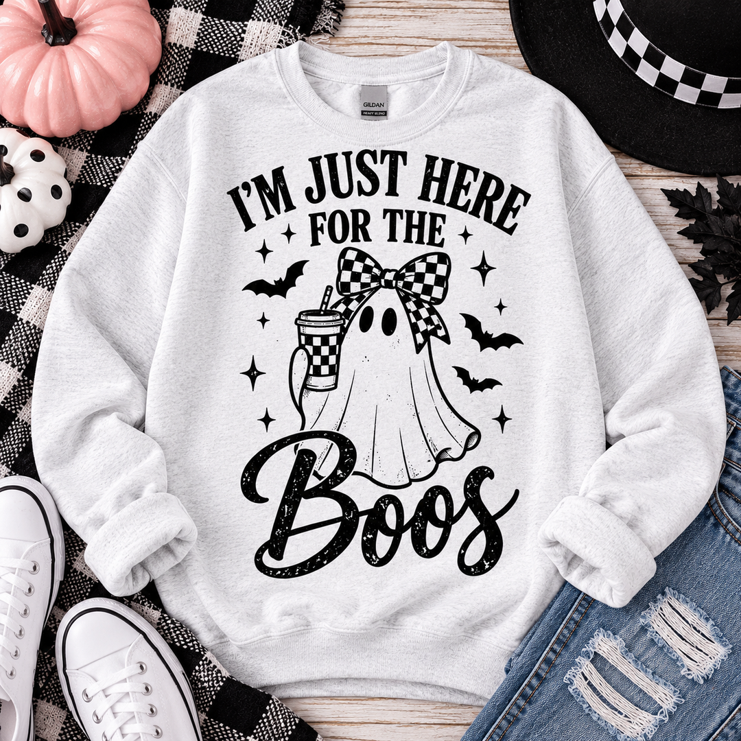 I'm Just Here for the Boos free Halloween design shown on a grey sweatshirt