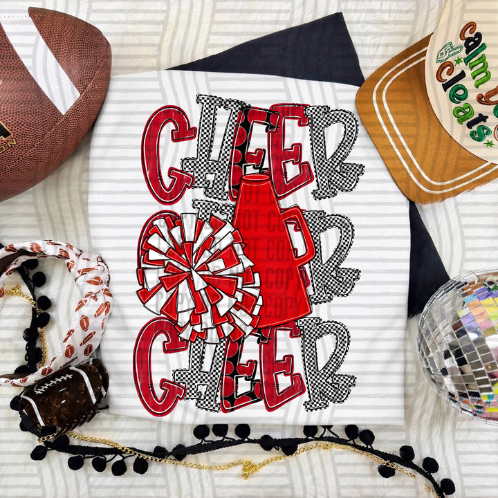 Cherry Tri Stacked Cheer DTF transfer on a white tee