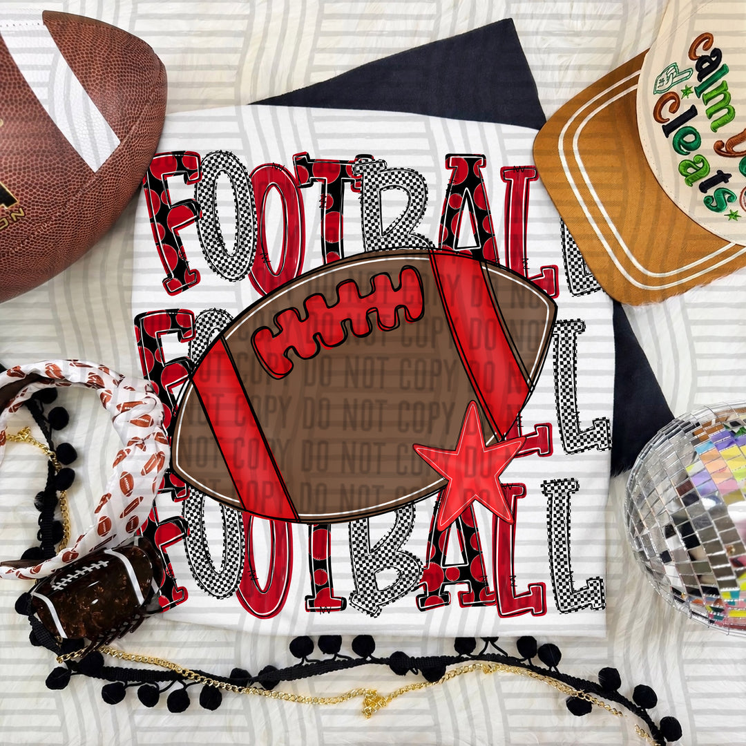 Cherry Tri Stacked Football DTF transfer on a white tee