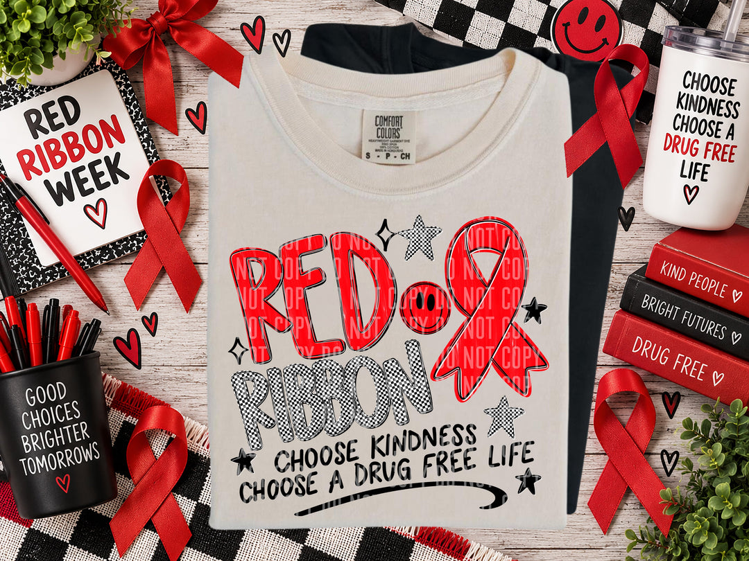 Red Ribbon Choose Kindness DTF transfer pressed on a tee