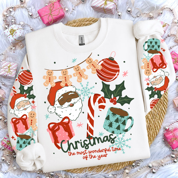 Christmas Things (Dark Skin Tone Santa) front and sleeve DTF transfers – mockup