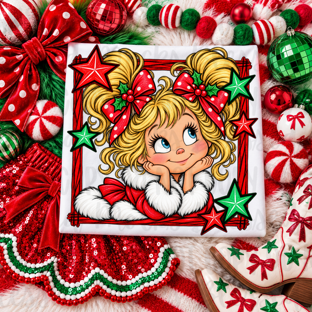 Cindy Lou Star Frame DTF transfer on a white tee – mockup