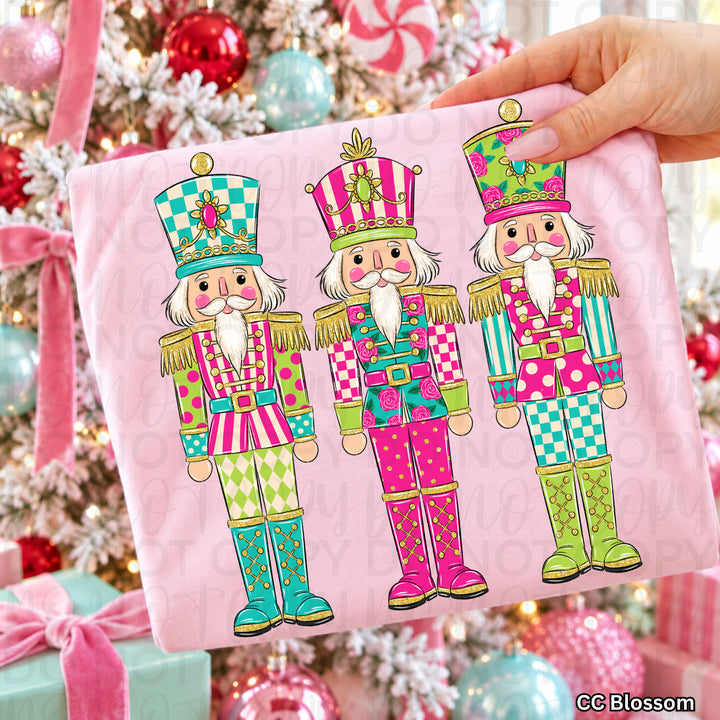 Colorful Christmas Nutcrackers Christmas DTF transfer shown on a shirt