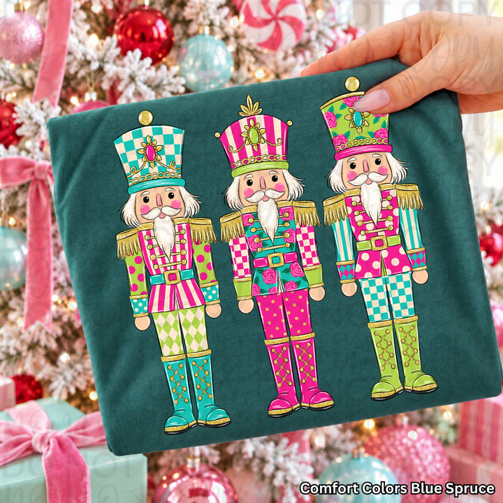 Colorful Christmas Nutcrackers Christmas DTF transfer shown on a shirt