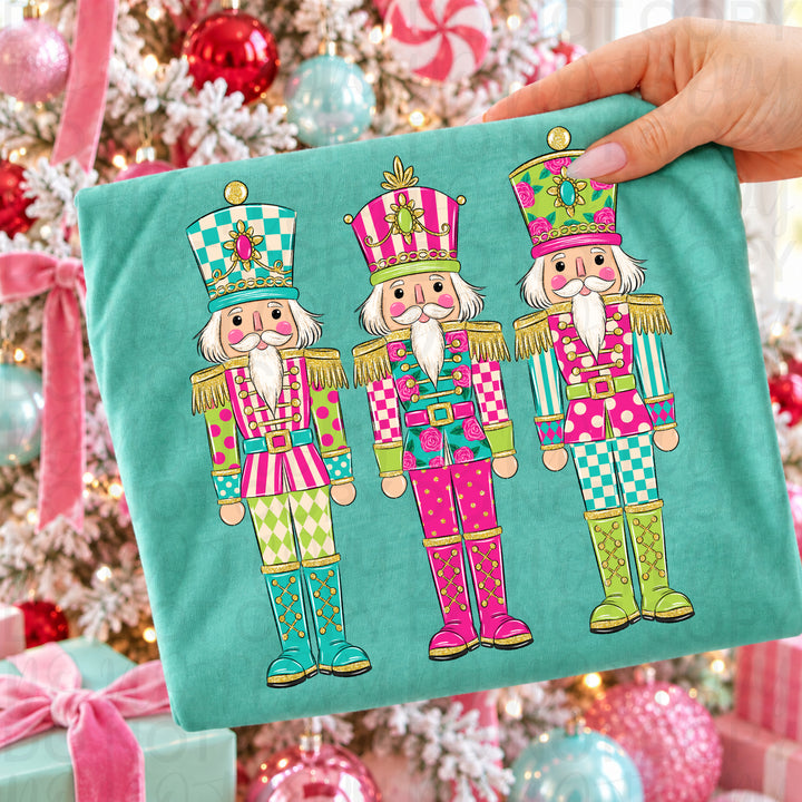 Colorful Christmas Nutcrackers Christmas DTF transfer shown on a shirt