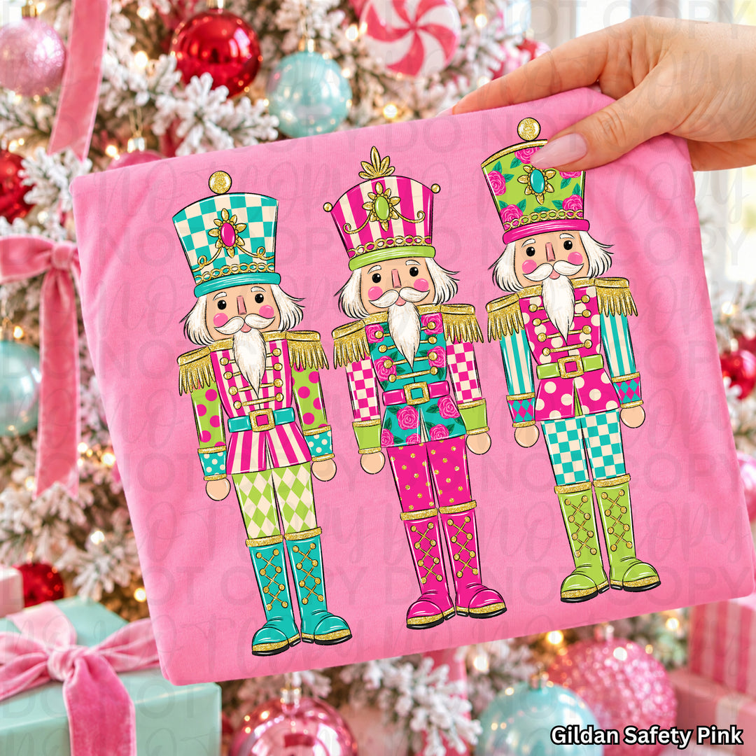 Colorful Christmas Nutcrackers Christmas DTF transfer shown on a shirt