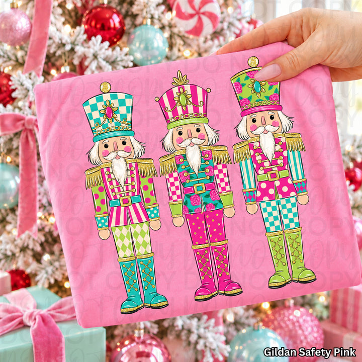 Colorful Christmas Nutcrackers Christmas DTF transfer shown on a shirt