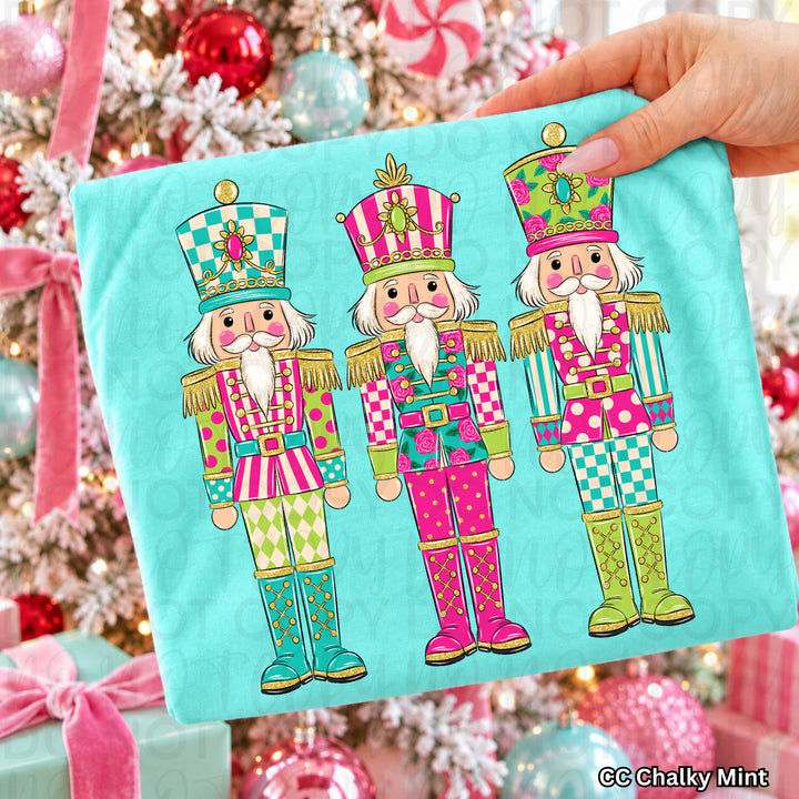 Colorful Christmas Nutcrackers Christmas DTF transfer shown on a shirt
