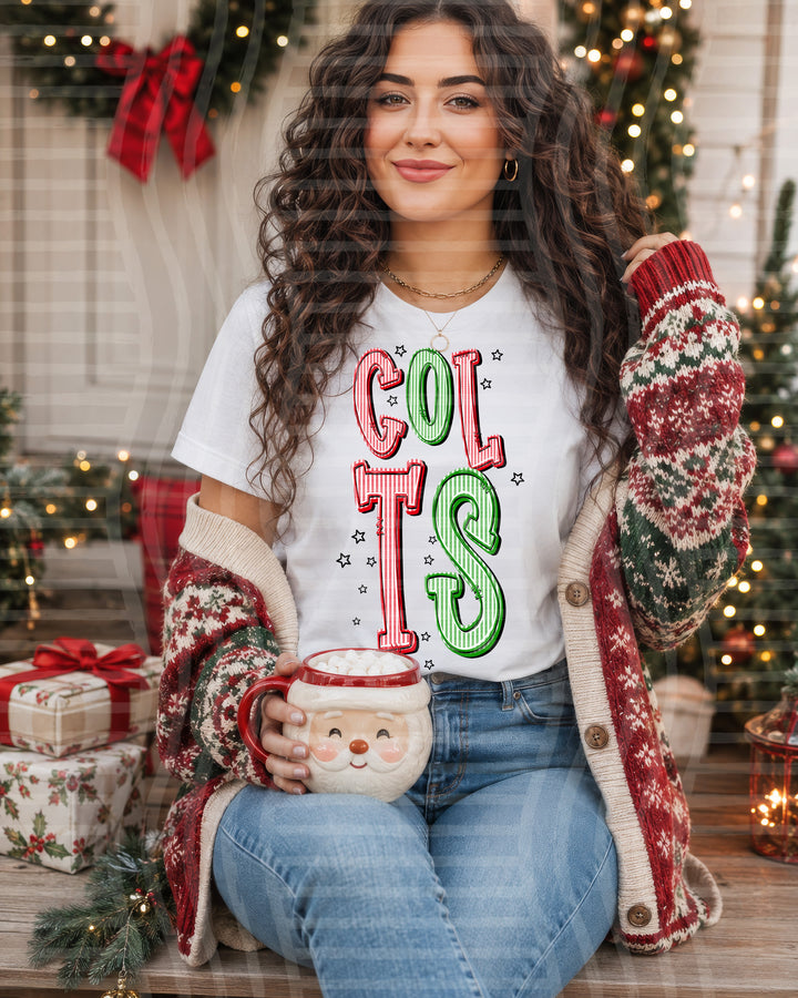 Colts Red and Green Christmas Seersucker Mascots DTF transfer