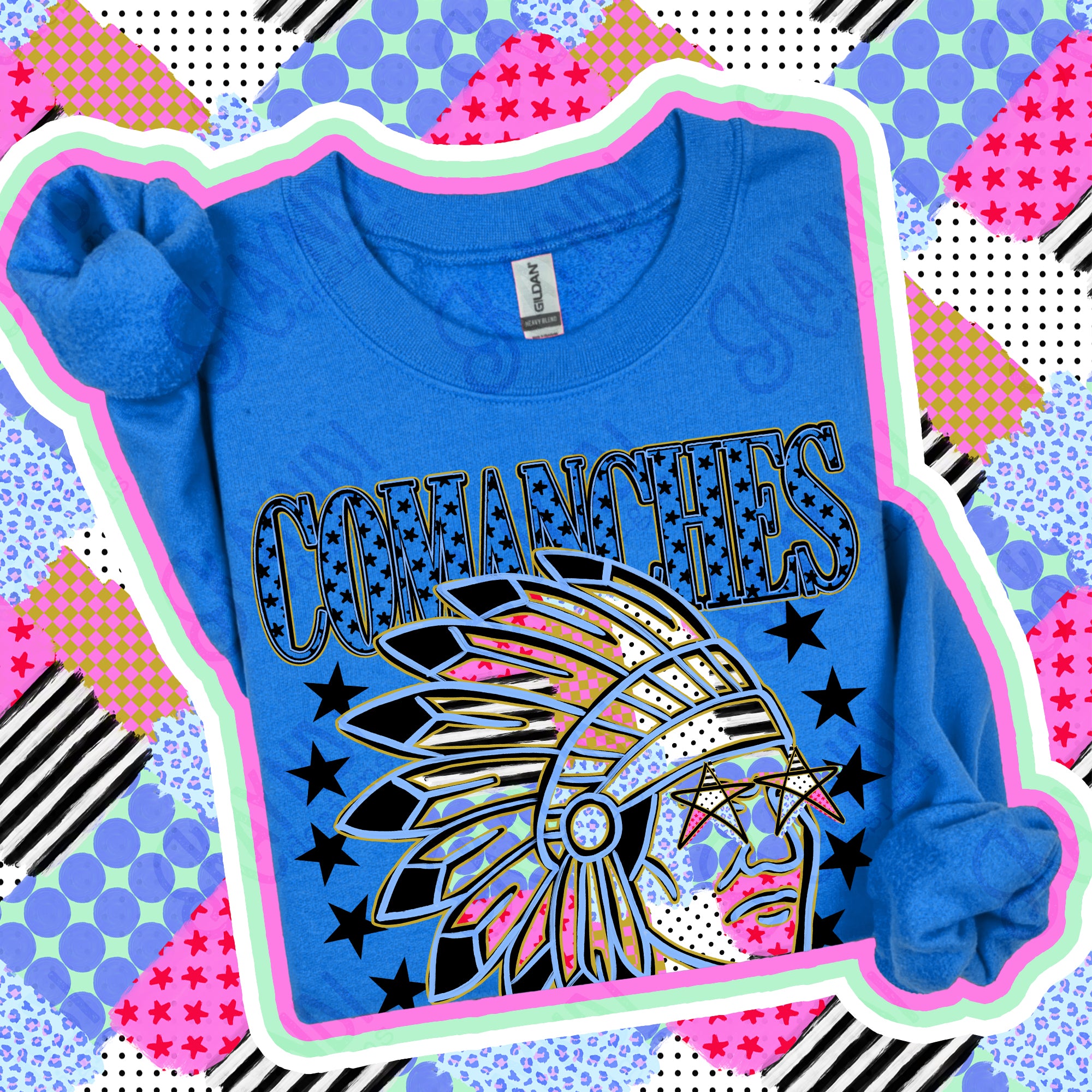 Patchwork Varsity Stars Mascots Comanches design